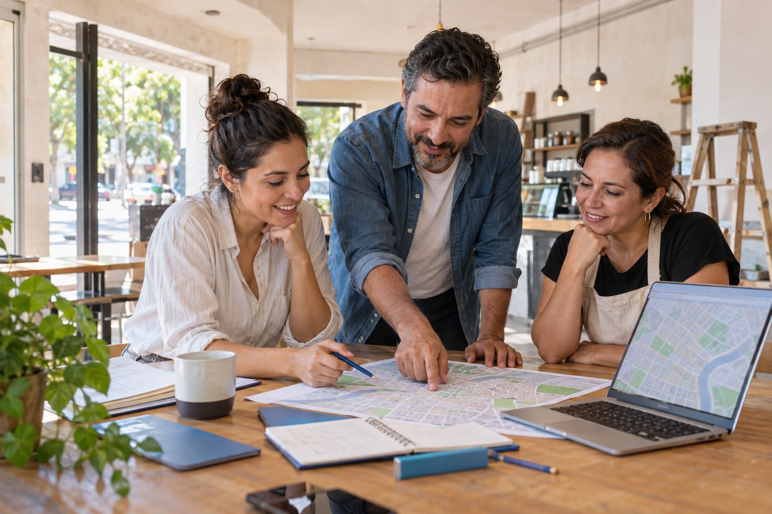 Personas revisando un mapa y planeando la ubicación de un nuevo negocio